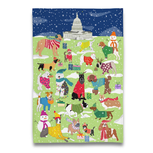 Puppy Dogs in the Snow at US Capitol Washington DC Tea Towel