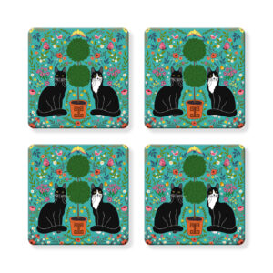 Set of 4 MDF Coasters - Black Cat and Tuxedo Cat with Topiary