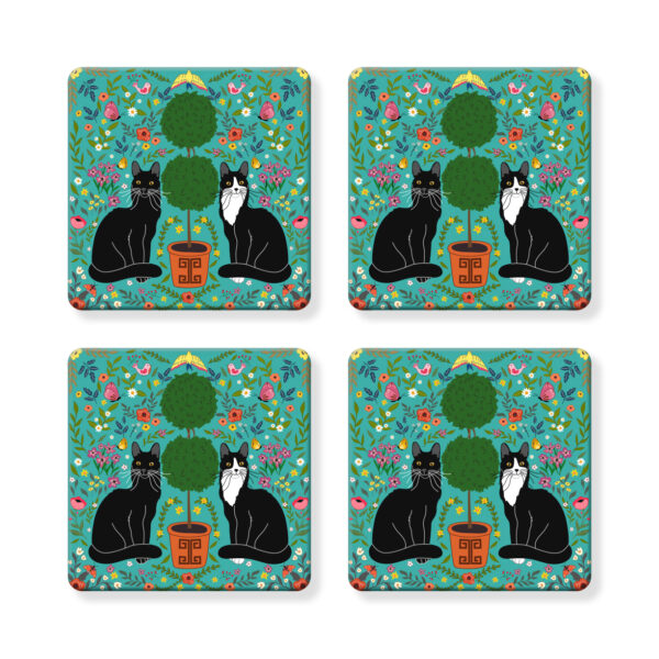 Set of 4 MDF Coasters - Black Cat and Tuxedo Cat with Topiary