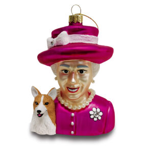 Naked Decor Exclusive: Women We Admire- UK Queen Elizabeth in Fuchsia Dress w. Corgi Ornament