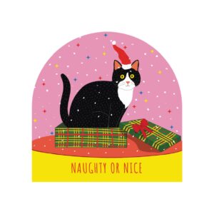 Set of 6 Holiday Blank Snow Dome Cards - Naughty or Nice Tuxedo Cat