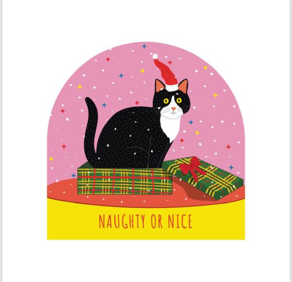 Set of 6 Holiday Blank Snow Dome Cards - Naughty or Nice Tuxedo Cat