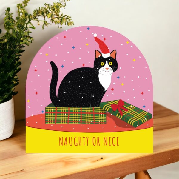 Set of 6 Holiday Blank Snow Dome Cards - Naughty or Nice Tuxedo Cat - Image 2