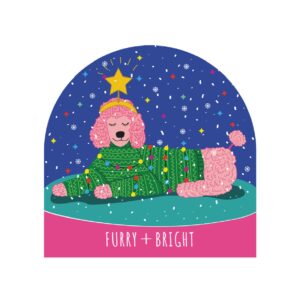 Set of 6 Holiday Blank Snow Dome Cards - Furry + Bright Pink Poodle