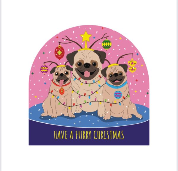 Set of 6 Holiday Blank Snow Dome Cards - Furrry Christmas Pug