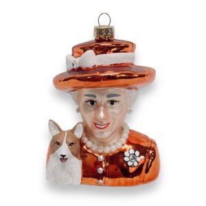 Naked Decor Exclusive: Women We Admire- UK Queen Elizabeth in Glossy Orange Dress w. Corgi Ornament