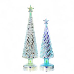 Set of 2 - Retro Lighted Iridescent Glass Trees - Green
