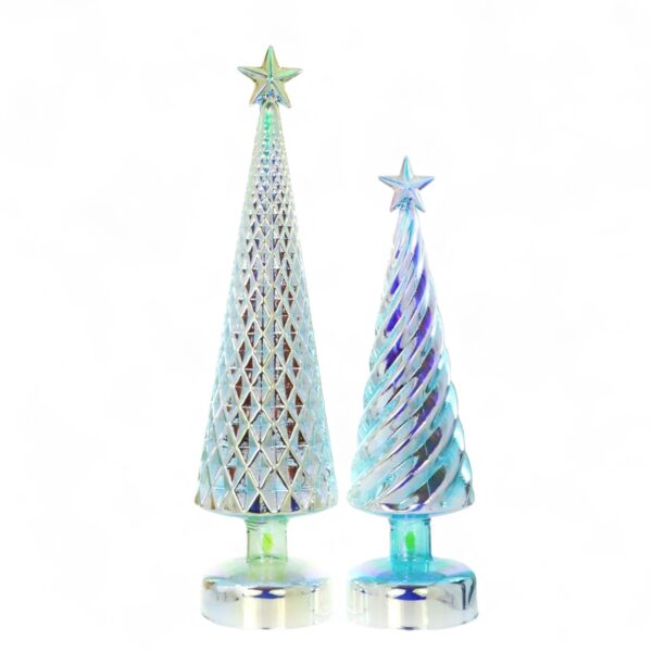 Set of 2 - Retro Lighted Iridescent Glass Trees - Green