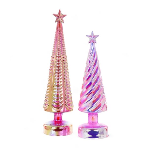 Set of 2 - Retro Lighted Iridescent Glass Trees - Pink