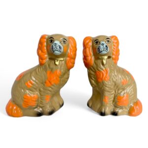 A Pair of Neon Orange Staffordshire Spaniel Statues