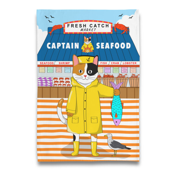 Captain Seafood Calico Cat at the Wharf Tea Towel