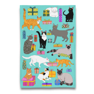 Holiday Kitty Cats with Gift Boxes Tea Towel