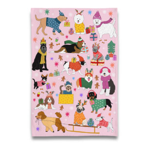 Holiday Puppy Dogs with Gift Boxes Tea Towel
