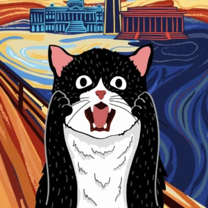 Screaming Cat poster in the style on the famous Dutch painting, The Scream with DC landmarks in the background.