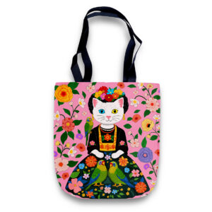 Cheeky Tote Bag - Frida Inspired: Portrait of Frida Catlo White Kitty