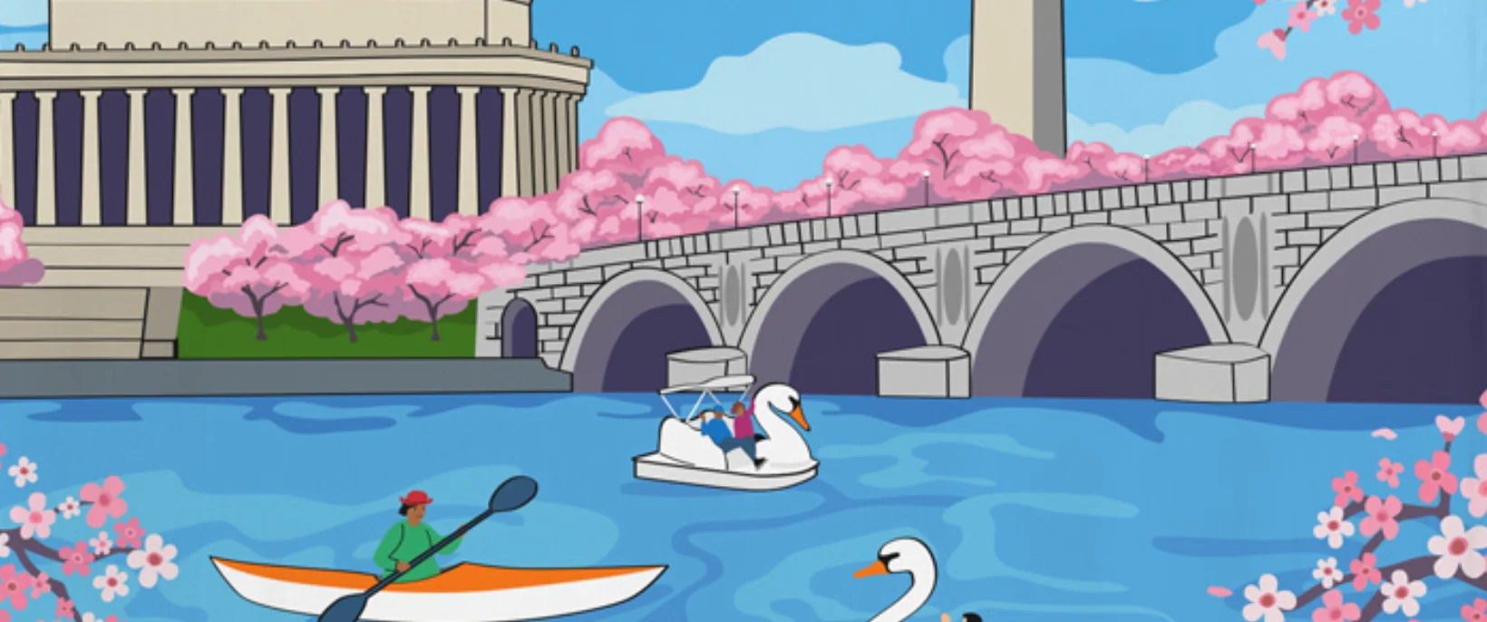 Illustration of the Lincoln Memorial and Memorial Bridge with cherry blossoms, a kayak and swan paddle boats on the Potomac