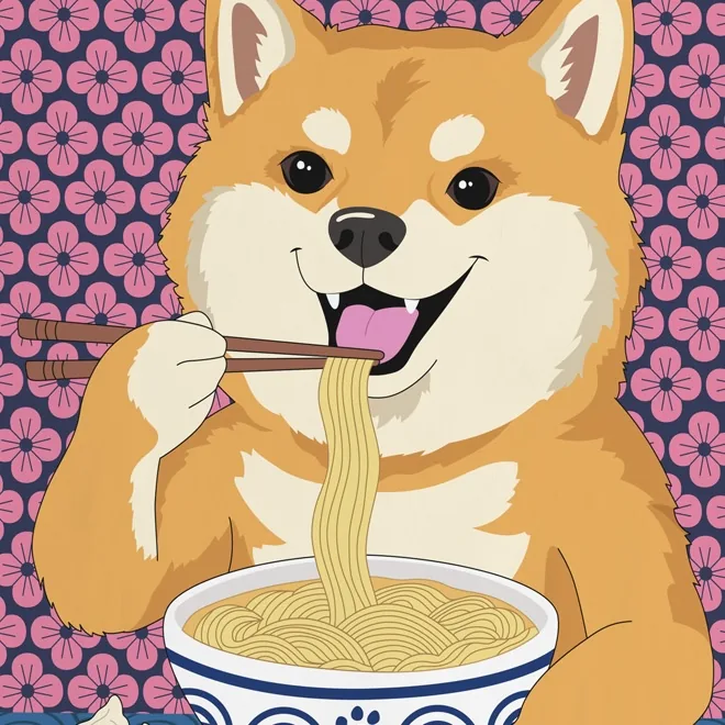 Illustration of a Shiba Inu eating ramen with chopsticks against a pink flower pattern