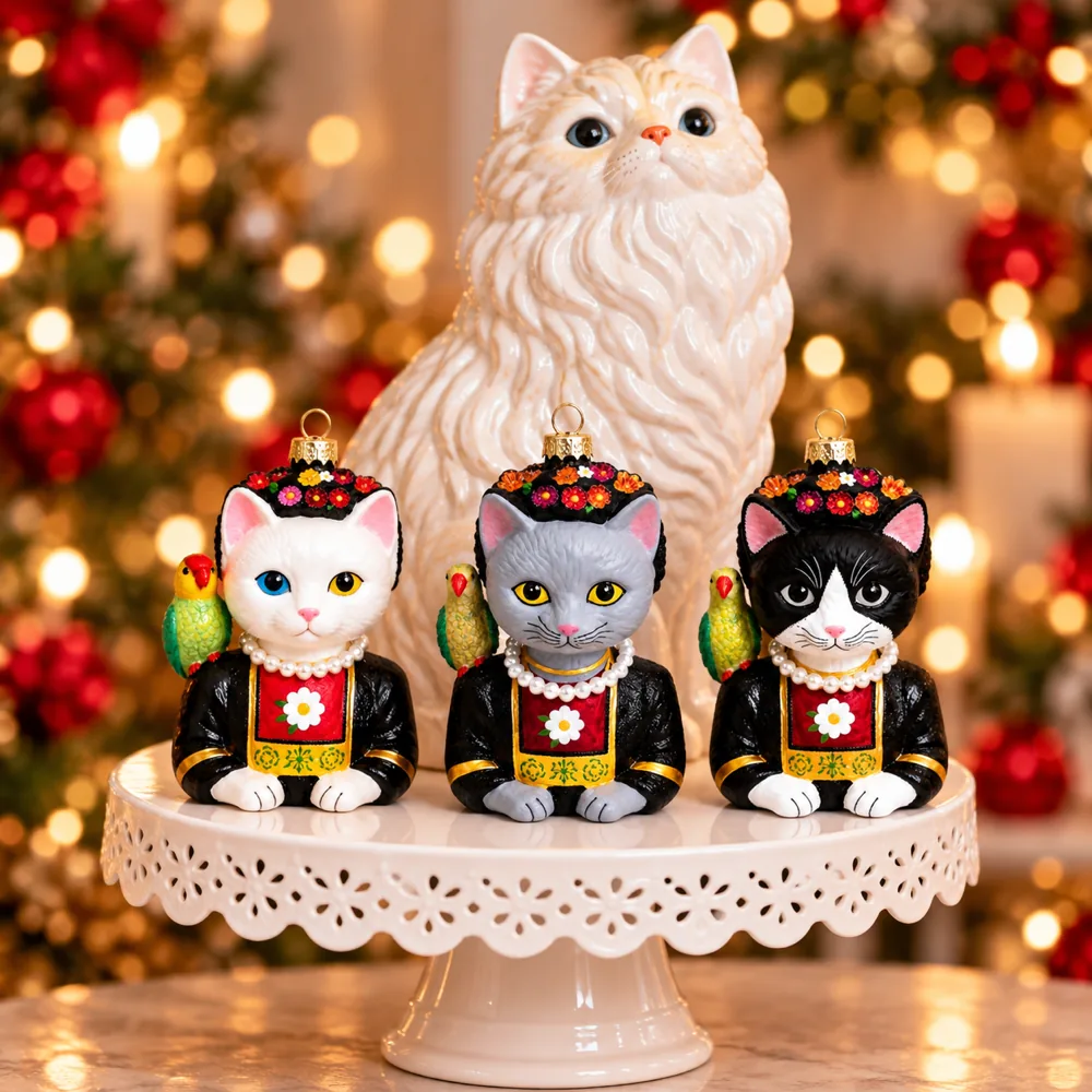 Three Frida-inspired cat ornaments on a cake stand with holiday lights