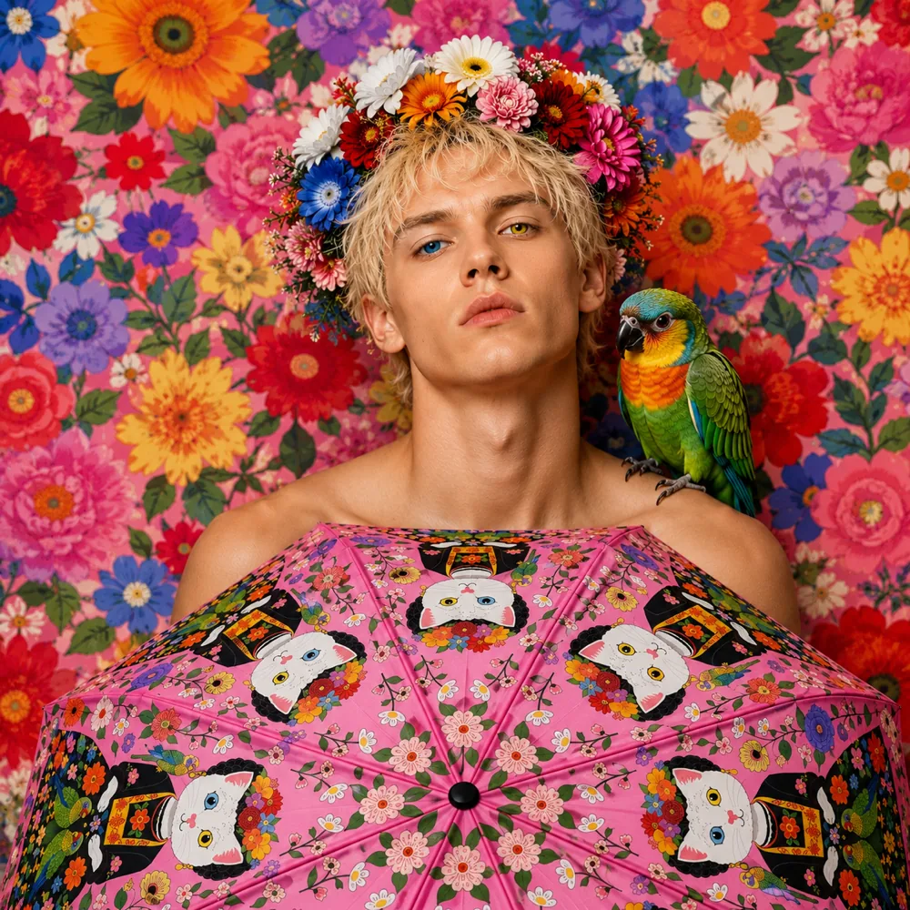 Model wearing a flower crown holding a Naked Decor cat-print umbrella