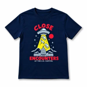 Navy blue Close Encounters at the U.S. Capitol t-shirt with a UFO beaming up an elephant, a donkey and another elephant above the Capitol
