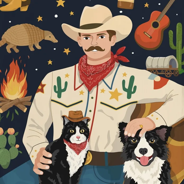 Illustrated cowboy with a tuxedo cat in a hat and a border collie, surrounded by western icons