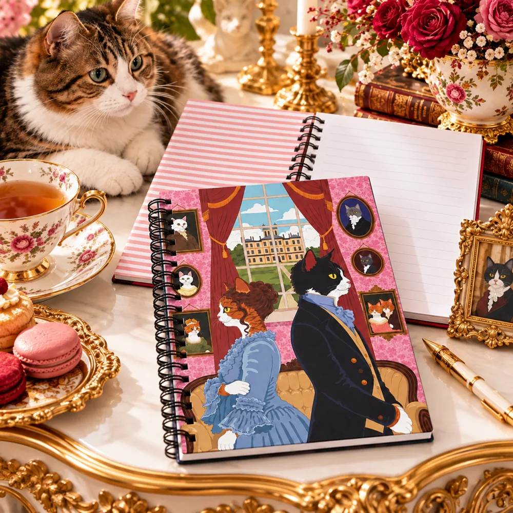 Spiral notebook with a Regency cat portrait cover on a tea table beside a tabby cat, roses and gold candlesticks
