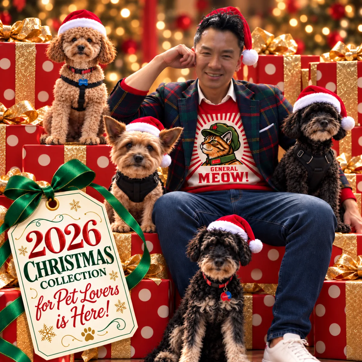 The Naked Decor creator with four dogs in holiday hats, 2026 Christmas Collection for Pet Lovers