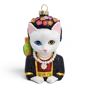 Museum Collection: Frida Inspired- Frida CATLO White Kitty Cat with a Parrot Ornament